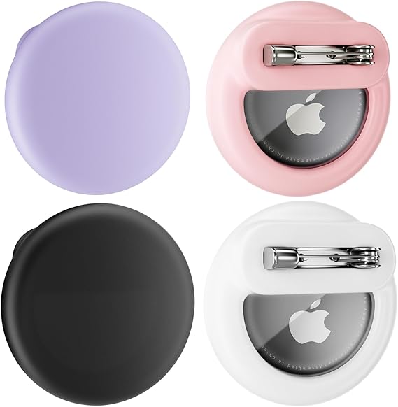 AirTag 4 Pack Hidden Case for Apple, Air Tag Holder Silicone GPS Tracker Case with Safety Invisible Pin AntiLost, for Children Elderly Clothes Shoe Backpack Luggage (Black White Pink Purple)