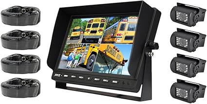 Pyle PLCMTR104 Weatherproof Rearview Backup Camera System with 10.1 LCD Color Monitor, Built-in Quad Control Box Screen, (4) IR Night Vision Cameras, Dual DC 12/24V for Bus, Truck, Trailer, Van