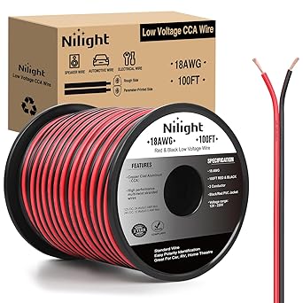 Nilight 100FT 18AWG Copper Clad Aluminum Wire 18/2 Gauge Red Black CCA Electrical Cable 2 Conductor Parallel 12V/24V DC Flexible Extension Cords for Car Audio Radio Speaker Amplifier