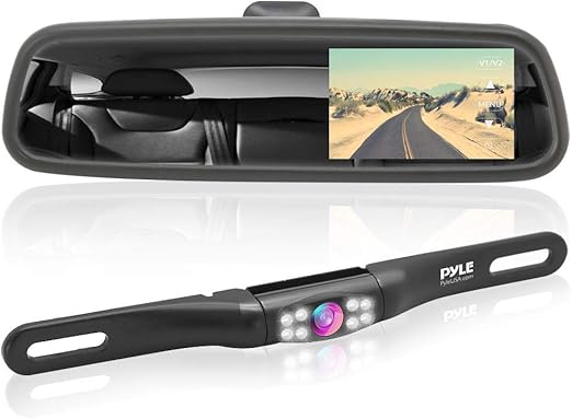 Pyle Rear View Backup Camera System - Parking Reverse Car Vehicle Rearview Back Up w/ 4.3” LCD Mirror Monitor Assembly Kit, Night Vision, Tilt-Adjustable Angle, Mounts on License Plate - Pyle PLCM4560