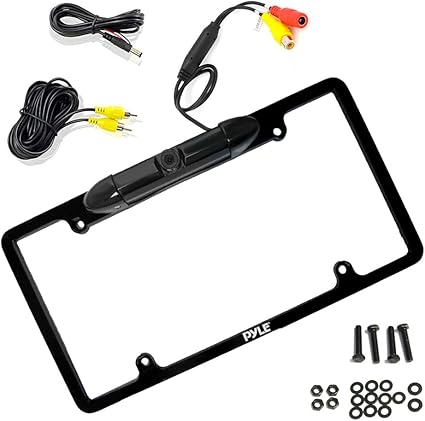 Pyle PLCM19 License Plate Frame Rear View Backup Camera, Distance Scale Lines Parking/Reverse Assistance, Waterproof Camera, Night Vision