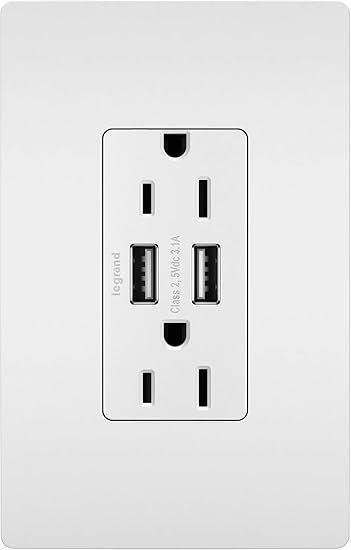 Legrand radiant TM826USBWPWCCV4 15 Amp Decorator Duplex Tamper Resistant Outlet Receptacle with 3.1A Type A USB Charger and Screwless Wall Plate, White (1 Count)