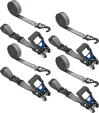 Ratchet Straps 4-Pack – 1-1/2” x 20’ Ratcheting Tie Down – Truck Tie Down Straps with Hooks, Vinyl Coated Double J-Hook, 1667 lbs. Working Load Limit, 5000 lbs. Break Strength