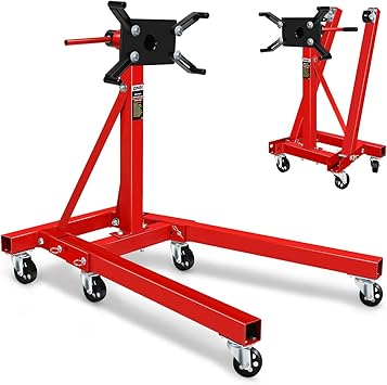 DNA MOTORING Foldable 360 Degree Rotating Head Engine Motor Stand 2000Lb Capacity with 6-Casters, 4 Adjustable Arms, Red, TOOLS-00325