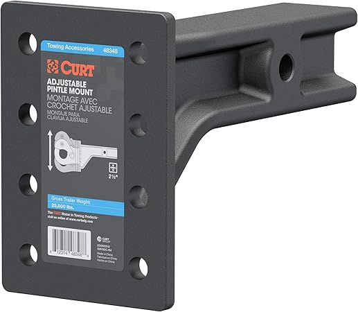 CURT 48348 Adjustable Pintle Mount for 2-1/2-Inch Hitch Receiver, 20,000 lbs, 7-1/4-Inch Height, 10-3/4-Inch Length, CARBIDE BLACK POWDER COAT