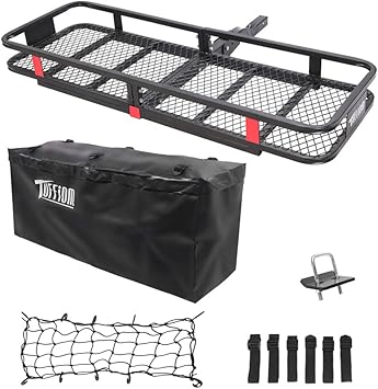 TUFFIOM 500lbs 60 x 20 x 6 inch Hitch Mount Cargo Carrier, Folding Trailer Steel Luggage Rack Basket w/Waterproof Cargo Bag, Straps, Net, Stabilizer & 2” Receiver for Travel Camping SUV