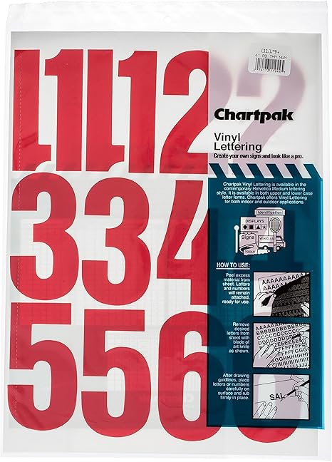 CHARTPAK Self-Adhesive Vinyl Numbers, 4 Inches High, Red, 23 per Pack (01194)