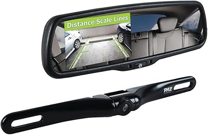 Pyle Backup Car Camera Rear View Mirror Screen Monitor System with Parking & Reverse Safety Distance Scale Lines, OEM Fit, Waterproof & Night Vision, 170° Angle Adjustable, 4.3