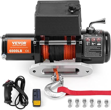 VEVOR 6000 lb 1/4 Electric, 12V DC Winch with Φ1/4 in x 55 ft Synthetic Rope Aluminum Fairlead Wireless & Wired Remote Control, Truck Trailer, IP55 Waterproof Towing for Off Road SUV ATV UTV Jeep Boat