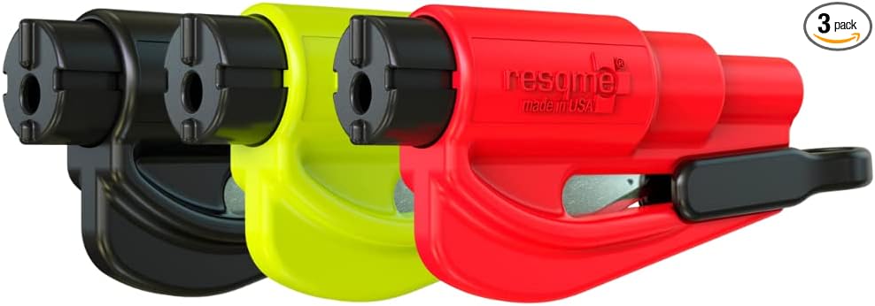 resqme Pack of 3 The Original Emergency Keychain Car Escape Tool, 2-in-1 Seatbelt Cutter and Window Breaker, Made in USA, Black, Yellow, Red - Compact Emergency Hammer