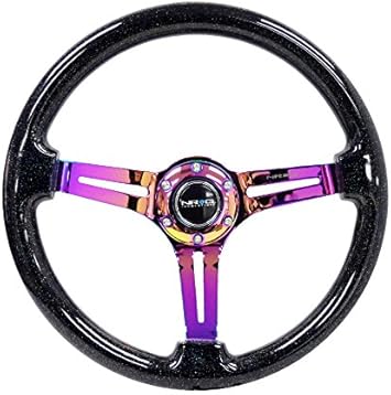 NRG Innovations NRG-RST-018BSB-MC Reinforced Classic Wood Grain Steering Wheel, 350mm, 75mm Deep, 3 Spoke Slotted Center Neochrome With Black Multi Color Flake Wood Double Riveted Spokes