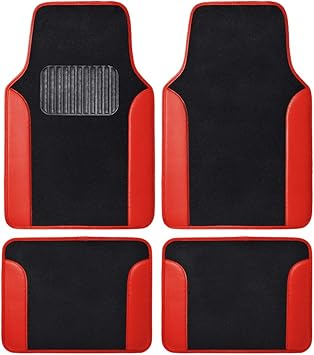 BDK Floor Mats for Cars, Two-Tone Carpet Car Floor Mats with Faux Leather Accents, Automotive Floor Mat Set with Built-In Heel Pad, Stylish Interior Car Accessories (Red)