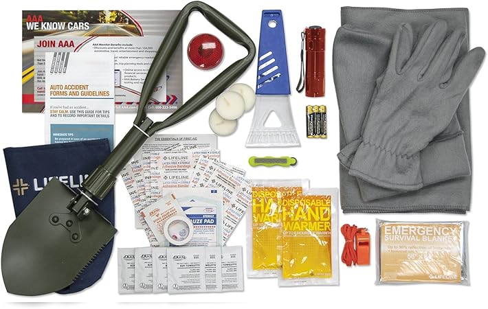 Lifeline 4390 AAA Severe Weather Emergency Road Safety Kit - 66 Pieces - Featuring Emergency Folding Shovel, Fleece Set, Fire Starter, Flashlight and More