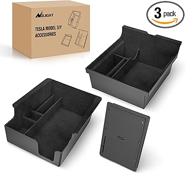 Nilight Upgraded Accessories Compatible for Tesla Model 3 2021-2023 Model Y 2021-2024, Center Armrest Console Organizer Tray and Hidden Storage Box, 3-Pack