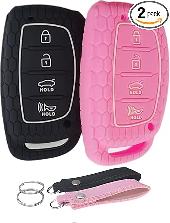 Silicone Key Fob Cover Remote Keyless Case Protector Compatible with Hyundai Elantra Elantra GT Ioniq Sonata Tucson 2016-2021 (Flip Fob Not Fit - 4 Buttons Black & Pink)