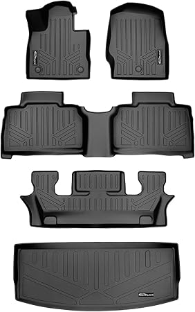 SMARTLINER Floor Mats 3 Rows - Cargo Liner Behind 3rd Row Set Black Compatible with 2020-2023 Explorer Only Fits 6 Passenger Models W/Bucket Seat