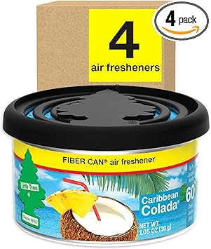 LITTLE TREES Car Air Freshener. Fiber Can Provides a Long-Lasting Scent for Auto or Home. Adjustable Lid for Desired Strength. Caribbean Colada, 4 Air Fresheners