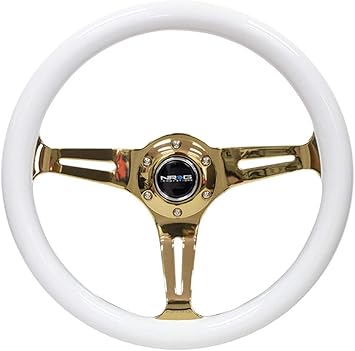 NRG Innovations NRG-ST-015CG-WT Steering Wheel - 350mm 25mm Deep Configuration 3 Chrome Gold Spokes Classic White Wood Grain Wheel/White Grip