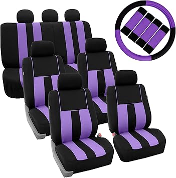 FH Group Three Row 7 Seater Combo Set Striking Striped Car Seat Covers with Steering Wheel Cover and Seat Belt Pads - Universal Fit for Most Cars, Trucks, SUVs or Vans Purple/Black