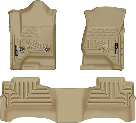 Husky Liners Weatherbeater Floor Mats | Fits 2014-2018 Chevrolet Silverado & GMC Sierra 1500; 2015-2019 2500/3500 HD Crew Cab (Foot Well Coverage) | Front & 2nd Row, 3-pc Tan - 98233