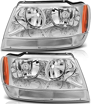 Headlight Assembly for Jeep Grand for Cherokee 1999-2004 Chrome Housing Amber Reflector Clear Lens Driver and Passenger Side Headlamp