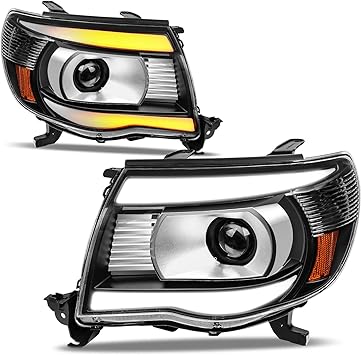 AUTOSAVER88 Headlights Assembly Compatible with 2005 2006 2007 2008 2009 2010 2011 Tacoma Projector Headlamp with Yellow Sequential Turn Signal Light Black Housing Clear Lens (LED DRL)