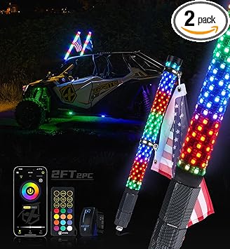 Xprite 2PCS 2FT RGBW Fat Whip Lights, APP & Remote Control Spiral LED Whip Light w/300 Colors & 200 Modes, Waterproof Lighted Antenna Whips Compatible with UTV ATV Polaris RZR Can-Am Truck Jeep