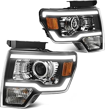 AUTOSAVER88 LED DRL Headlights Assembly Compatible with 2009-2014 09-14 Ford F150 Headlamp Replacement Pair with Daytime Running Light Black Housing Amber Reflector