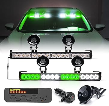 Xprite LED Emergency Traffic Advisor Strobe Dual Light Bar, Interior Windshield Deck Safety Hazard Warning Flashing Lightbars w/Control Box, for Law Enforcement Vehicles Pickup Trucks White&Green