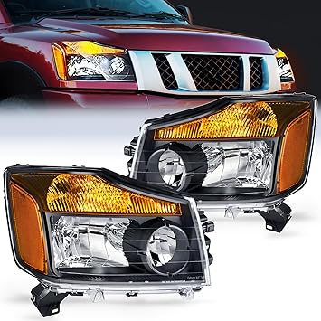 Nilight Headlight Assembly Compatible with 2004 2005 2006 2007 2008 2009 2010 2011 2012 2013 2014 2015 Nissan Titan 2004 2005 2006 2007 Armada Headlamps Replacement Black Housing Amber Reflector