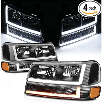 M-AUTO Headlights Assembly for 2003-2023 Express Savana, Factory Style Replacement, 4-Piece Set with LED Light Bar DRL, Black Headlamps w/Switchback LED Strip DRL