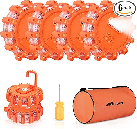 Nilight LED Road Flares Emergency Lights 6 Pack,9 Flash Models Roadside Safety Flashing Warning Light with Magnetic Base & Hook,Storage Bag(Batteries Not Included)