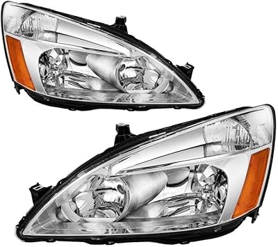 PHILTOP Headlight Assembly Pair,Chrome Housing Headlamp Replacement Compatible with 2003-2007 Accord,Amber Reflector Clear Lens,OE 33151-SDA-A01,33101-SDA-A01