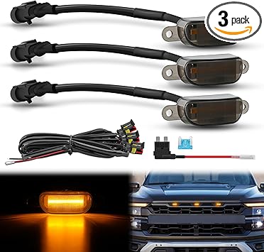 Nilight Front Grille Marker Light 3PCS 4LED Amber LED Light Smoked Lens Waterproof Compatible with 2004-2019 Ford F-150 Raptor and 2013-2018 Dodge Ram 1500 Raptor Aftermarket Grille