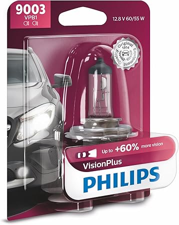 Philips 9003 VisionPlus Upgrade Headlight Bulb with up to 60% More Vision, 1 Pack