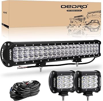 oEdRo LED Light Bar, 20Inch 300W Tri-Rows Spot Flood Combo Driving Light + 2pcs 4 Inch 27W Work Light Pods w/Wiring Harness Fit for Off Road Truck Boat ATV UTV Car Jeep Pickup