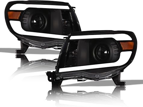 Alpha Owls 8717776 Projector Headlights With White LED Light Bar - Black Amber Fits 2005-2011 Toyota Tacoma