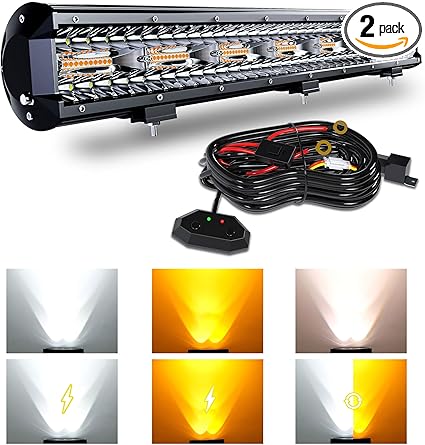 ASLONG 20 Inch 126W LED Light Bar White/Amber Flasing Strobe with Six Modes Spot Flood Combo Offroad Driving Light, 1pcs Wiring Harness Switch for Pickup Offroad Truck 4WD SUV ATV UTV