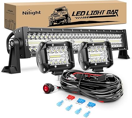 Nilight Led Light Bar 22Inch 480W Triple Row Flood Spot Off Road Driving Lights 2PCS 4 Inch 60W Cube LED Pods Lights with Off-Road Wiring Harness-3 Leads for Boat Truck UTV ATV