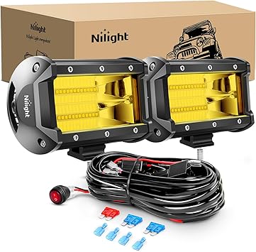 Nilight - ZH304 Led Light Bar 2PCS 5Inch 72W 10800Lumens Yellow Flood Beam Fog Driving Lamps Off-Road Lights with 16AWG Wiring Harness Kit-2 Lead, 2 Year Warranty