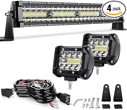 Led Light Bar 450W 22 Inch Triple Row Spot Flood Combo Road Light Bar 2PCS 60w 4Inch Spot LED Pods with Wiring Harness Kit for Jeep ATV UTV Polaris Trucks Boats