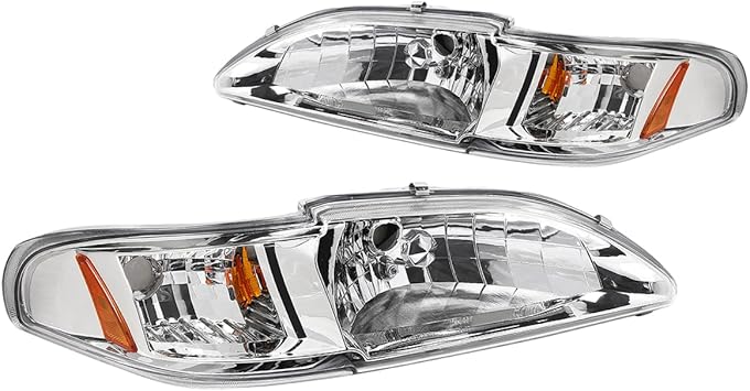 PM PERFORMOTOR Chrome Housing Amber Corner Factory OE Style Headlight Replacement Compatible With 94-98 Mustang, PMHL-FMUS-9498-CA