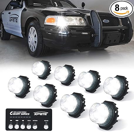 Xprite White LED Hideaway Emergency Strobe Lights Kit, 20 Flashing Modes w/Controller Headlights Taillights Fog Light Mounting, Hazard Warning Caution Light for 12V Vehicles Pickup Trucks Vans 8 PCS