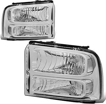 DNA MOTORING Headlamps Headlight Assembly Compatible With 05-07 Ford F250-350 F450 F550SD, Chrome/Clear, HL-OH-FSD05-CH-CL1