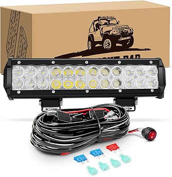 GOOACC 12 Inch 72W Led Light Bar Spot Flood Combo Driving Lighting Off Road Lights Led Lamp Working Light with 16AWG Wiring Harness for Truck Golf Cart SUV ATV UTV Boat, 2 Years Warranty