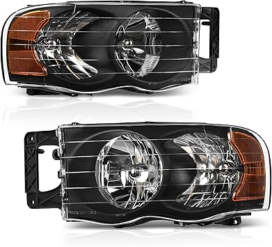 AUTOSAVER88 Headlight Assembly Compatible with 2002-2005 Dodge Ram Pickup Truck Headlamps Replacement Black Housing Amber Reflector Clear Lens