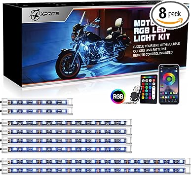 Xprite Motorcycle RGB LED Light Kit Waterproof w/Wireless Remote Control Underglow Neon Lights Strips Red Brake Lamp Function for Harley Davidson Honda Kawasaki Suzuki 8PCS