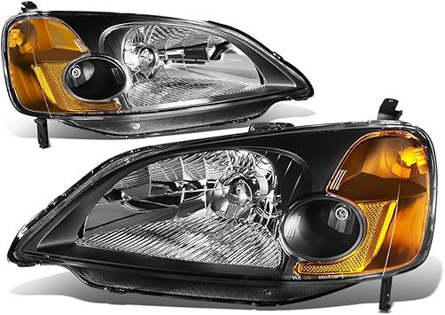 DNA Motoring HL-OH-HC01-BK-AM Black Amber Headlights Replacement Compatible with 01-03 Honda Civic