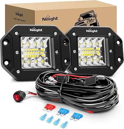 Nilight 2PCS 42W Flush Mount LED Pods Spot Flood Combo Beam Driving Light Backup Light Reverse Light Grill Mount Light with Wiring Harness Kit -2 Leads