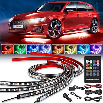 Nilight 4Pcs Car Underglow Neon Accent Strip Lights 252 LEDs RGB 8 Color Sound Active Function Music Mode with Wireless Remote Control Underbody Light Strips for Car Van SUV Truck